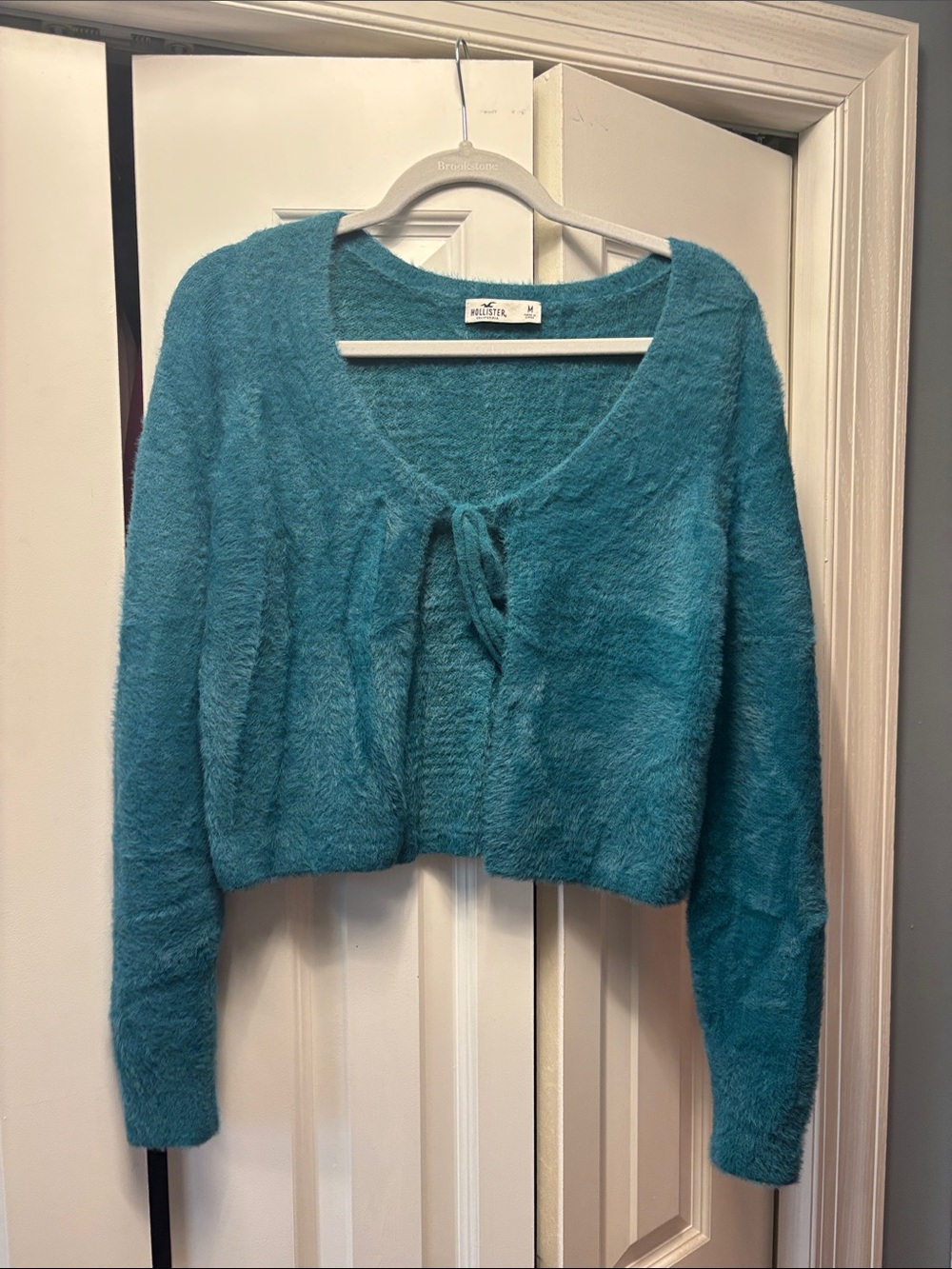 Hollister Teal Fuzzy Tie-Front Cropped Sweater
